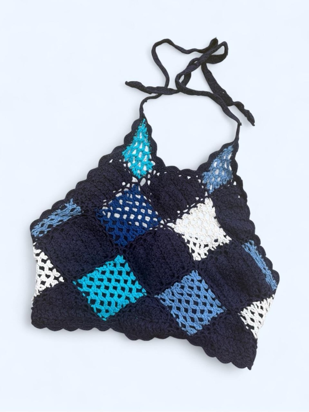 Y2K Crochet Patchwork Halter crop Top - Navy & Blue